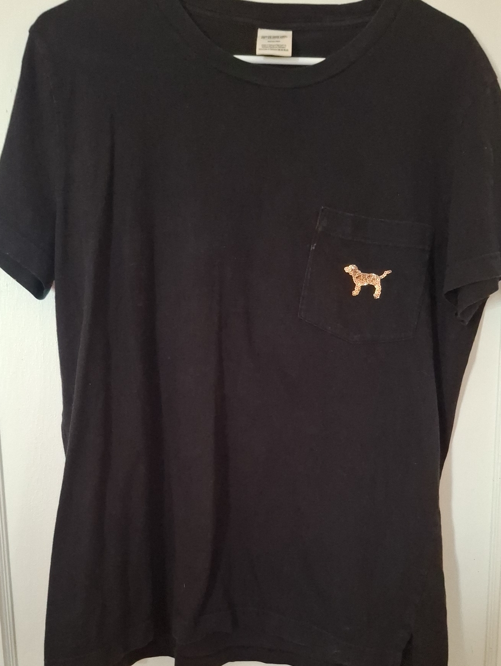 PINK Victoria's Secret Black Short-Sleeve Pocket Tee with Gold Dog Logo